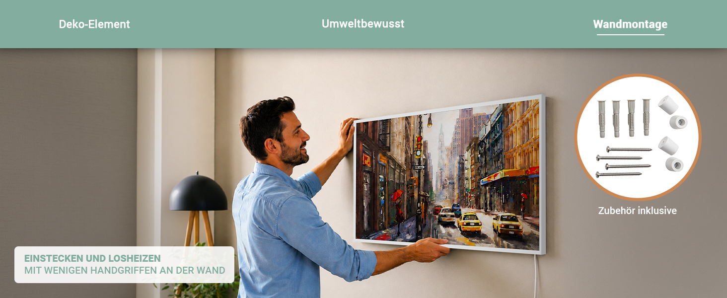 Mann montiert die Heidenfeld HF-HP105 Infrarotheizung mit Stadtmotiv an der Wand. Inklusive Montagematerial f&uuml;r eine einfache Befestigung.